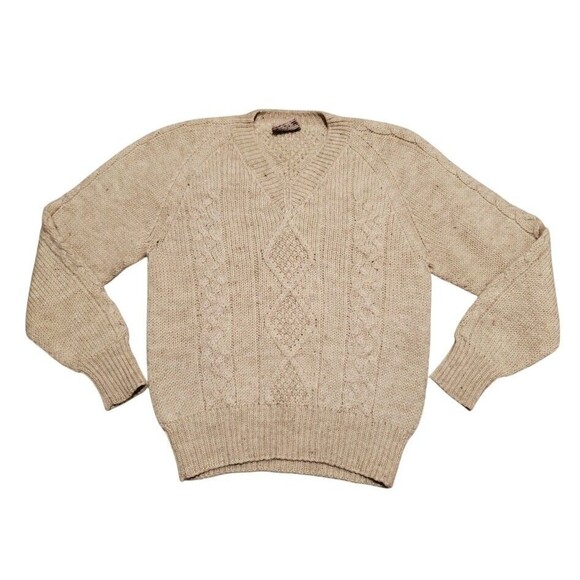 VTG Glen Carron Men XS Cable Knit Sweater Beige C-Neck 100% Wool Tonga - Picture 5 of 5
